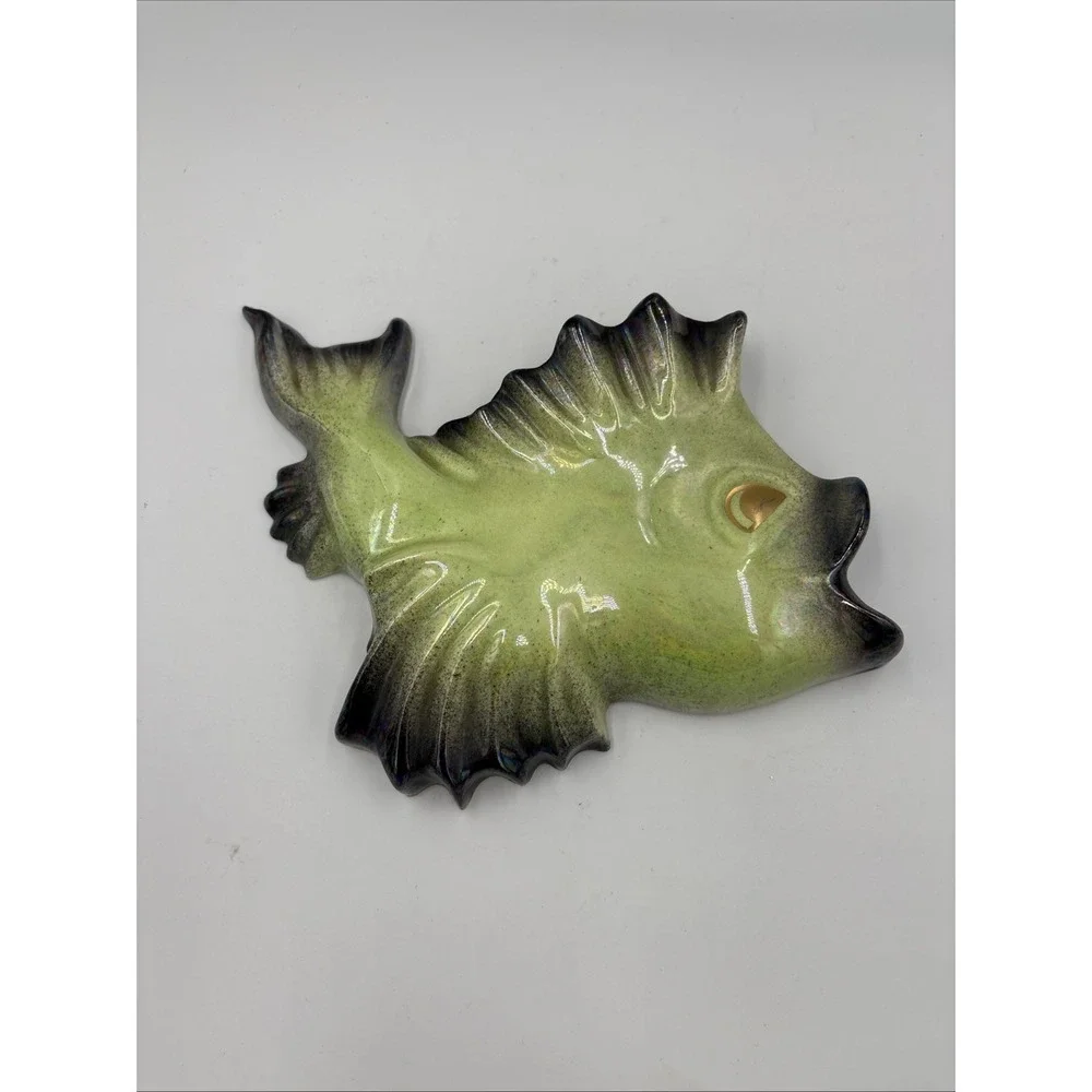 Vintage Ceramic Fish Wall Pocket Planter Green‎ Pink Brown Mid Century